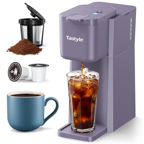 Tastyle Mini Single Serve Iced and Hot Coffee Maker for K Cup and Ground, 6 to13 Oz Brew Sizes, with Recipe Book, One Cup Small Pod Coffee Makers for Home, RV and Office,Lavender