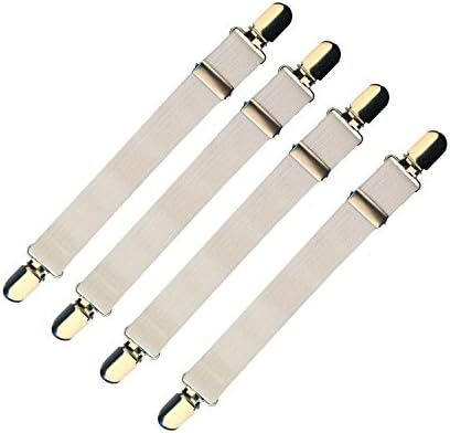 Bed Sheet Fasteners WITH METAL ADJUSTERS Mattress Cover Holders Grippers Suspenders Straps Clips | Perfect Fitted Bed Sheet Fastening System - White, 1-Pack (4 pcs)