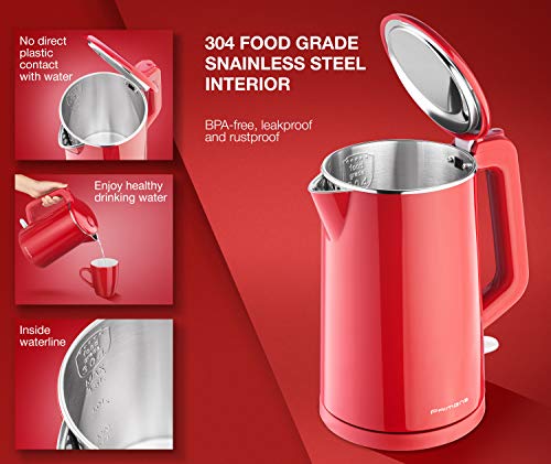 Premium Cordless Hot Water Electric Tea Kettle - Automatic Shut Off - Double Wall Cool Touch - Water Heater Boiler, Fast Boil - Portable Kettle - British Strix Ð¡ontroller
