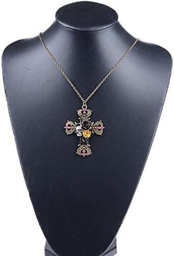 Vintage Gilrl Gothic Fashion Skull Cross Pebble Flower Pendant Chain Necklace