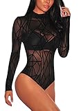 Elapsy Womens Sexy Sheer Mesh Long Sleeve Geometric Velvet Bodysuit Teddies Club Tops