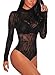 Elapsy Womens Sexy Sheer Mesh Long Sleeve Teddies Lingerie Geometric Velvet Bodysuit Club Tops Black Medium
