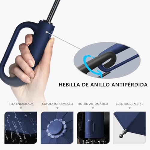 MXHIGO Paraguas Plegable Automático con Hebilla de Anillo, Paraguas de Bolsillo Reforzado, Sombrilla Grande Resistente al Viento, Con 20 Varillas Reflectantes y Protección UV, Para Hombres y Mujeres