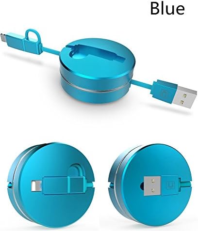 Retractable Sync 2-in-1 USB Cable with Lightning &amp; Micro USB Connectors 3.3Ft Retractable Quick Charging Data High Speed Adapter Cable for iPhone 5s 6 6s Plus, iPad, iPod, Android Phones (Blue)