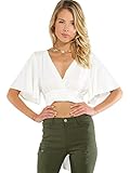 Milumia Women's Sexy Deep V Neck Short Sleeve Crop Tops Beige M