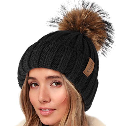 FURTALK Knit Beanie Hats for Women Double Layer Fleece Lined with Real Fur Pom Pom Winter Hat