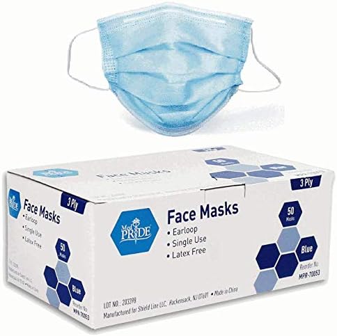 50 x MedPride Earloop Face Masks - Latex Free - 3 Ply - Single Use - Blue - MPR750053
