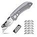 Folding Utility Knife, Heavy Duty Box Cutter Pocket Utility Knives with 11 Replaceable Stainless Steel Blades, Belt Clip, Easy Release Button, Quick Change and Lock-Back Design (Gray)