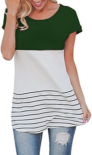 FSOOG Women's Back Lace Tops Color Block Short Crewneck Patchwork Sleeve T-shirt Tunics Blouse M Olive