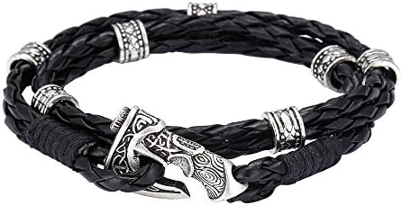 Viking Rune Norse Celtics Ax Bracelet Leather Wristband Bangle For Men Handmade Amulet Talisman Jewelry Bracelet + Gift Pouch (A(7 beads) 9")