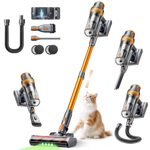 SMOTURE Cordless Vacuum Cleaner 50KPA/600W/65Min, Broom Vacuum Cleaner with 1M Hose, Anti-Tangle Brush with Light, Auto Mode, Wall Charging Base, for Pet Hair/Floors/Carpets/Car