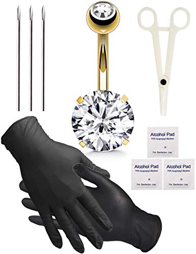 SOTICA Belly Piercing Kit with 14G Surgical Steel Piercing Needle Belly Botton Piercing Kit Navel Piercing Kit With Piercing Clamps Piercing Jewelry for Body Piercing Supply (gold)
