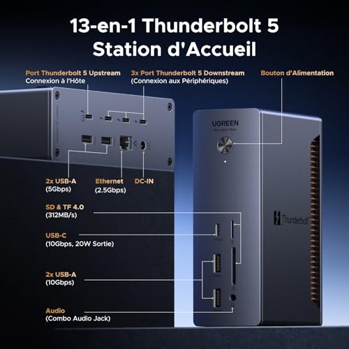 UGREEN Revodok Max Thunderbolt 5 Docking Station 13 in 1 120Gbps Multi-Display Docking Station with Multiple Thunderbolt 5 Multi USB 3.2 RJ45 2.5GbE SD TF 4.0 3.5mm Audio 140W Max Charge