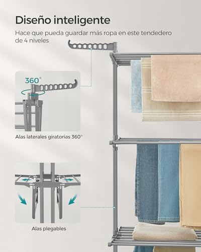 SONGMICS Tendedero, Tendedero Plegable de 4 Niveles, Asas Plegables, con Ruedas, 63.5 x 128 x 173 cm, Interior y Exterior, Gris MLLR701G01
