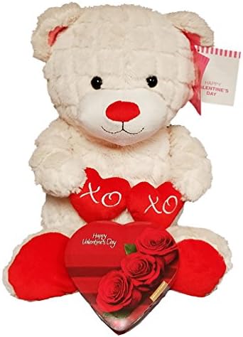 Valentines Day Cream Color Plush Teddy Bear with Assorted Chocolate Candy Heart and XO Pillows