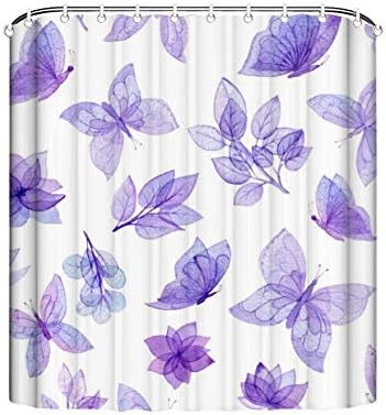 AmorFash Waterproof Polyester Fabric Shower Curtain Pattern of Watercolor Butterflies and Leaves,Print Waterproof Shower Curtain 72" W x 72" H