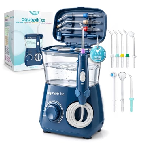 Aquapik® 100 Munddusche 600 ml 10 Stufen 8 Aufsätze Water Flosser Blau.