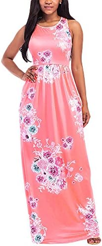 Women's Floral Print Round Neck Sleeveless Long Maxi Casual Dress with Pocket Pink M