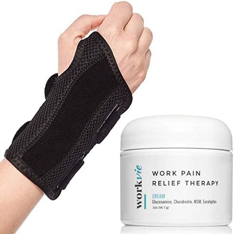 Workvie Carpal Tunnel Wrist Brace and Pain Relief Cream (2oz) Value Set - Double Splint - Adjustable- Breathable (Right)