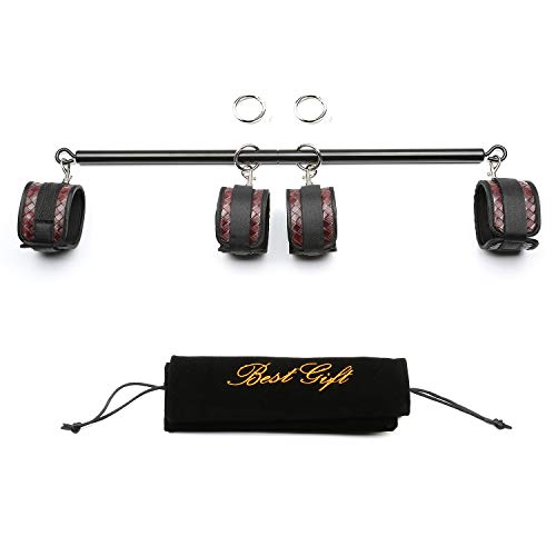 Expandable Black Spreader Bar with 4 Leather Adjustable Straps Set for Home Yoga Exercise