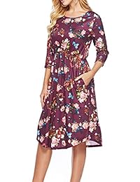 ZJCT - Vestido de manga 3 4 para mujer, cuello redondo, floral, casual, con bolsillos