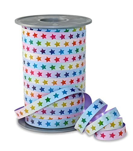 PRÄSENT Rainbow Curling Ribbon - Stars Pastell, 200 m Gifts Band for Wrapping and Decorating, 10 mm Width, Decorative Ribbon for Easter Decorations, Balloons, Baby Showers,... - Easy to Curl