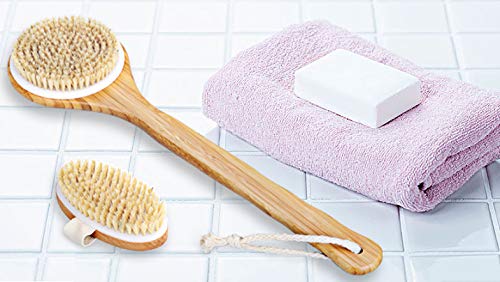 Premium Dry Bath Body Brush Set, Natural Boar Bristle Body Back Brush (Long Handle) & Bath Shower Brush, Perfect for Massage and Exfoliating, Promote Blood Circulation, Good for Health and Beauty