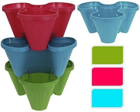 New Set Of 3 Stackable Coloured Plastic Garden Patio Balcony Trio Plant Pot Strawberry Herb Flower Holder Bedding Planter Tub (Blue)