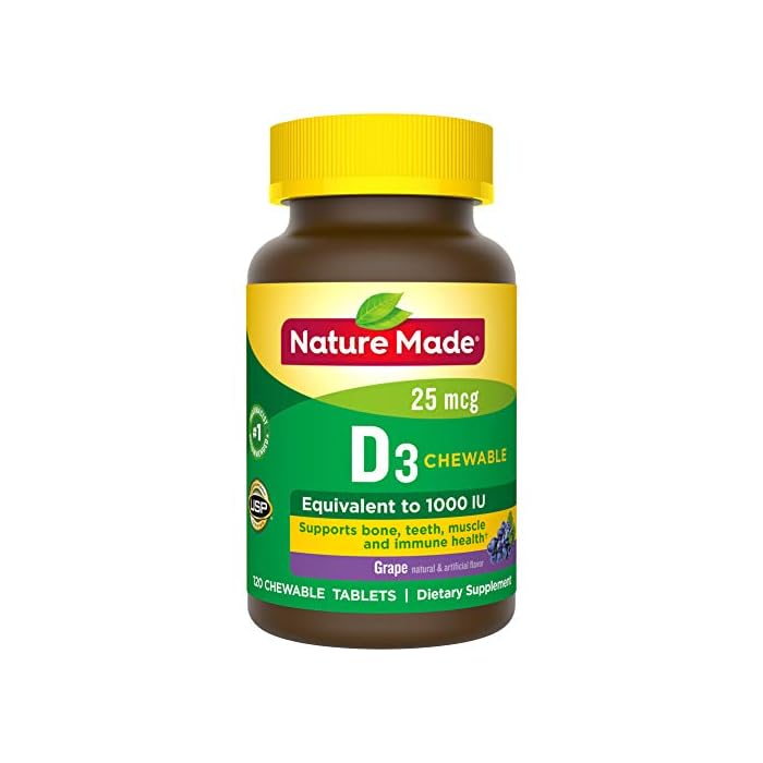 Nature Made Vitamin D3, 120 Chewable Tablets, Vitamin D 1000 IU (25 mcg) Helps Support Immune Health, Strong Bones and…