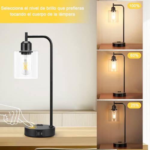 Lámpara de Mesa y Buró táctil, Lámparas de Mesa con 2 Puertos USB (A+C) y 1 Salidas de CA, 3 Niveles de Brillo, Lámpara de Escritorio para Dormitorio (bombilla incluida) (1 piezas)