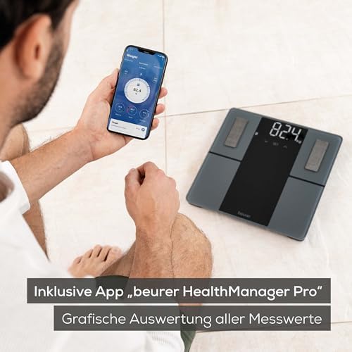 BF 500 Personenwaage mit Bluetooth & App, digitale Körperfettwaage mit Messung von Körperfett, Muskelanteil, Kalorienbedarf etc., XL-Display, Datenübertragung zu Apple Health & co., bis 180 kg