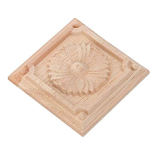 AUNMAS 4Pcs Rubber Wood Applique, 2.4 * 2.4in Square Wood Carved Decal Unpainted Checkered Decal Vintage Flower Corner Door Cabinet Furniture Woodcarving European Bed Wall DIY Frame Decoration(3#)