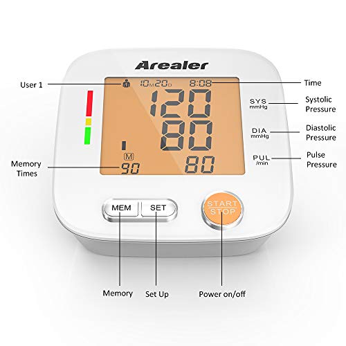 Blood Pressure Monitor Upper Arm, Arealer Automatic Blood Pressure Monitor Large Cuff, Digital Bp Cuff with Blood Pressure and Pulse Rate for Home Use, 2 * 90 Memory Mode, Batteries and Bag Included