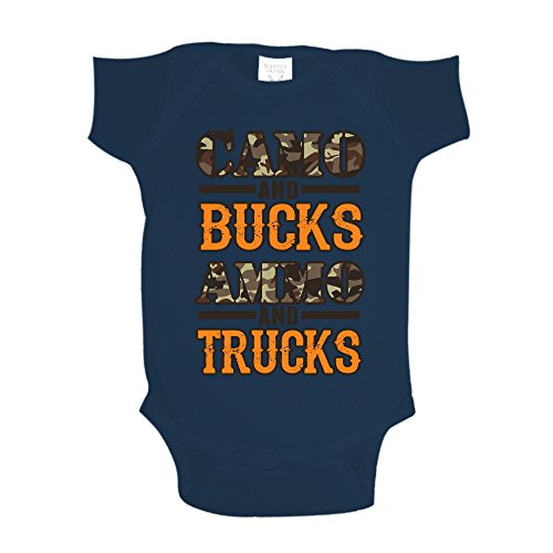 The Shirt Den Camo and Bucks Ammo and Trucks Hunting Baby One Piece 6 mo Navy Blue