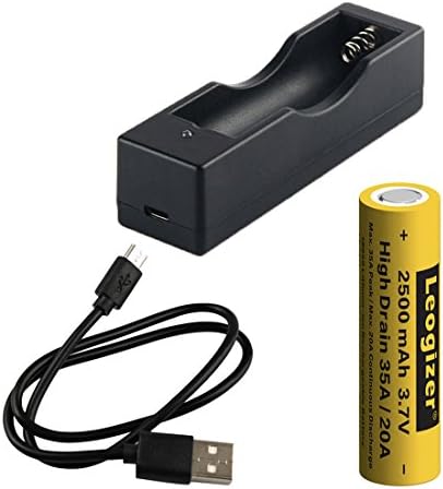 Leogizer 1xPC High Drain 18650 Lithium ion Battery and Charger Set, 3.7V 2500mAh Li-ion 35A Peak / 20A Continuous Discharge, 750mA USB Quick Charger