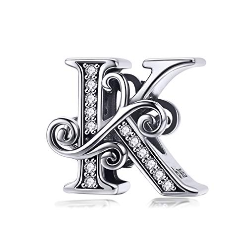 Solid 925 Sterling Silver with Cubic Stones, Complete A~Z Gift Options Alphabet Charm Letter Beads fit Pandora European Bracelets (K)