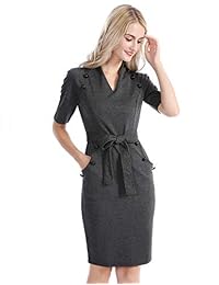 CHICIRIS - Vestido de negocios para mujer con mangas cortas y cinturón