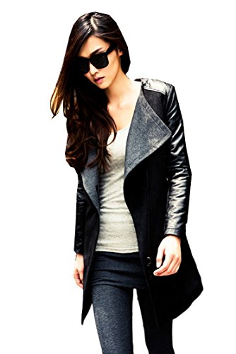 Women Lapel Collar PU Leather Oblique Zip Wool Blend Jacket Trench Coat Outwear Black M