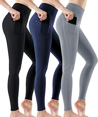 ATHLIO Women’s Yoga Pants High-Rise Tummy Control w Hidden/Side Pocket, A1 Pocket 3pack(ylp38) – Black/Navy/Stone, Medium [Size 8-10_Hip39-41 Inch]