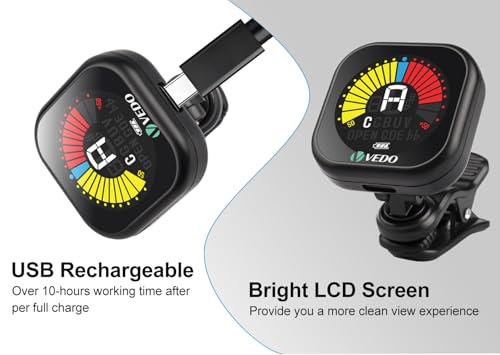 VEDO Afinador Recarregável para Violão, Guitarra, Baixo e Ukulele - Display LCD de Alta Precisão, Sintonizador Cromático Clip-On com Bateria de Longa Duração e Cabo USB Tipo-C