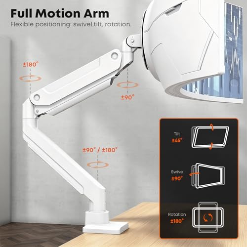 PUTORSEN 17-49 Inch Monitor Mount, Max 20 kg, Premium Aluminium Screen Mount for Flat/Curved Monitor with VESA 75 x 75/100 x 100 mm, Gas Spring Monitor Desk Mount,White