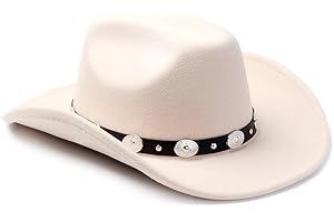 LolliWeaver Women Men Fashion Wide Brim Teardrop Crown Felt Western Cowboy Cowgirl Hat with Silver Studs Leather Hat Band