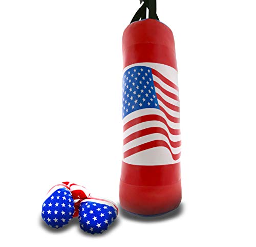 Mozlly Kids American Hanging Punching Bag - w/Boxing Gloves, Filled Bag for MMA, Kickboxing Training, Heavy Duty Vegan Leather, 23", Canvas Strap for Hanging - Sports Accessories and Gear (3pc Set)