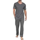 CF Mens Pajamas Set Cotton Sleepwear Soft Short Sleeve Pjs Comfy 2 Piece Nightwear V-Neck Long Pants Loungewear with Pockets