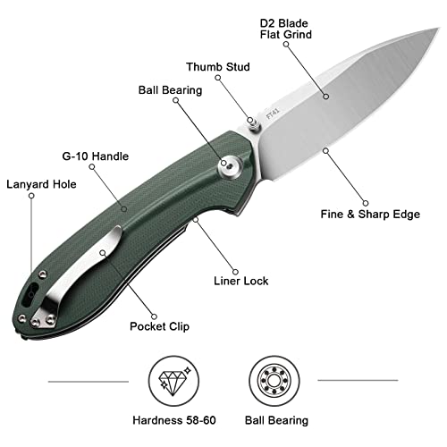FreeTiger Pocket Knife for EDC D2 Satin Blade G-10 Outdoor Camping Hunting Folding Flipper Knife Ideal Tool Gift For Men Women (Green)