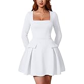 XXTAXN Women's Sexy Corest Long Sleeve Square Neck Ruffle Pleated Wedding Guest A Line Mini Dress