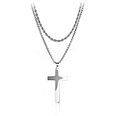 COLORFUL BLING Minimatli Layered Cross Pendant Necklace Stainless Steel Figaro Link Box Chain 18K Gold Silver Black for Men Women Christian Religious Prayer Jewelry-Silver