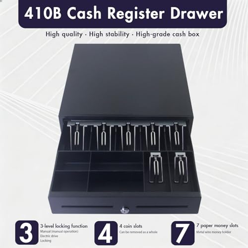 DMG Professional Cash Register with 7 Bill & 4 Coin Compartments - 3-Position Lock System, SPCC Steel & High-Strength Plastic, Removable Coin Trays & RJ11 Port for Receipt Printer