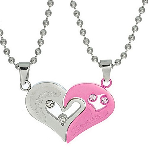 Uloveido His and Hers Puzzle Matching Set Stainless Steel Half Heart Pendant with Bead Chain Necklaces for Him and Her Valentine's Day Gifts for Lovers Couples (Pink) SN102