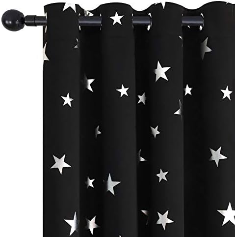 Estelar Textiler Star Blackout Curtains Kids Room Darkening Curtains Thermal Insulated Grommet Top Window Curtains for Bedroom 52W by 45L Inch Black One Pair